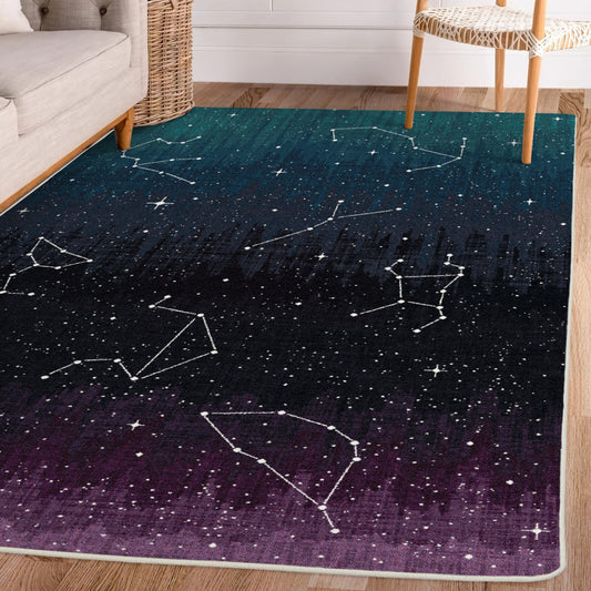 Constellation-themed area rug in a cozy room with wood floors and soft seating—styled for reading nooks, RPG tables, or celestial decor.