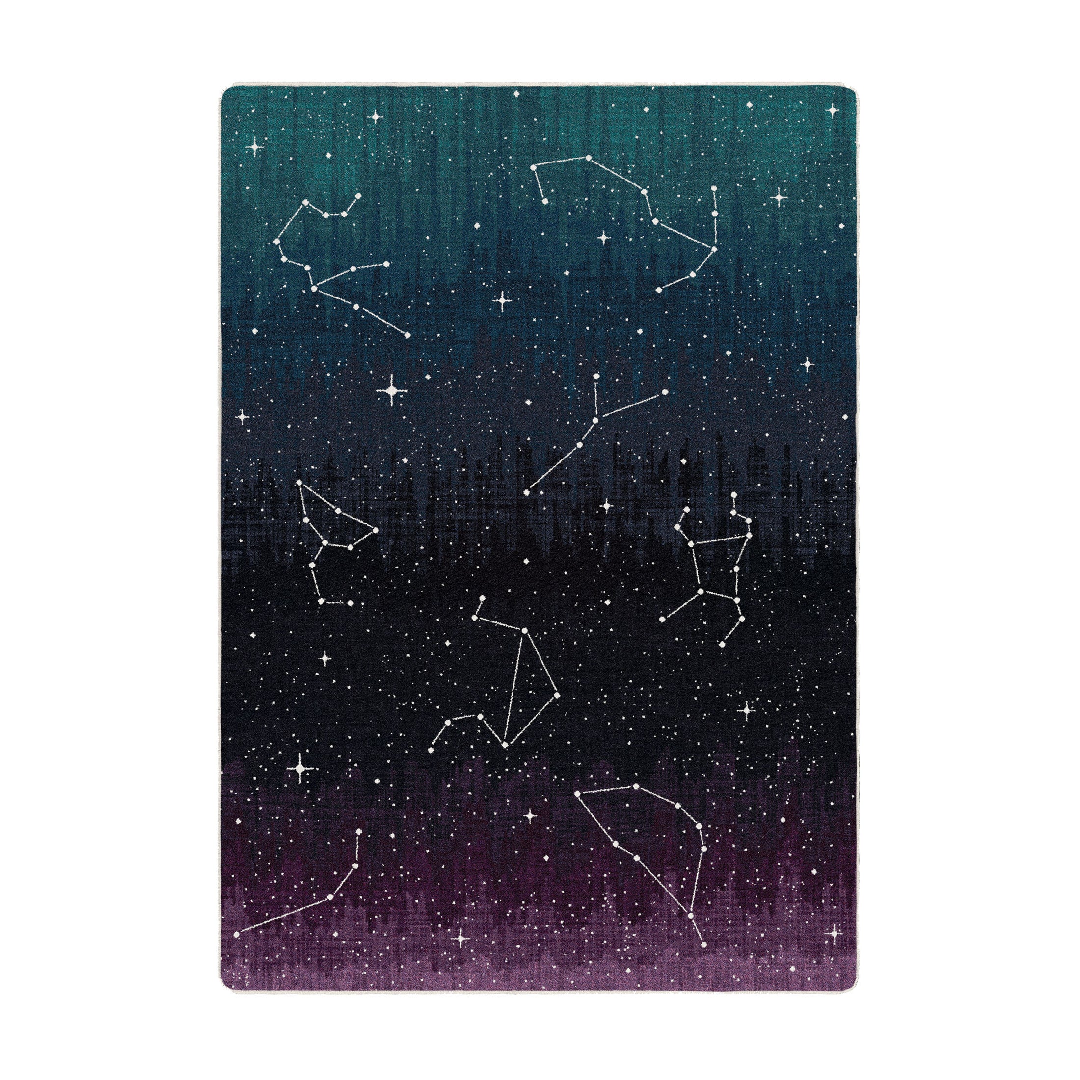 Rectangular constellation game room rug with a gradient twilight sky and star map—designed for immersive storytelling spaces and quiet magic.