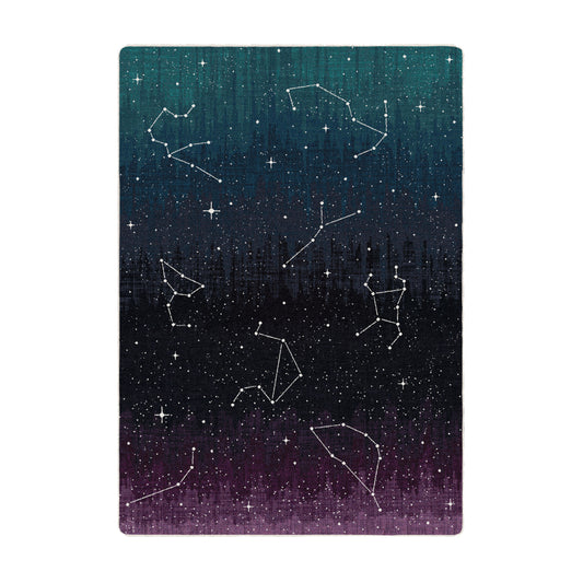 Rectangular constellation game room rug with a gradient twilight sky and star map—designed for immersive storytelling spaces and quiet magic.