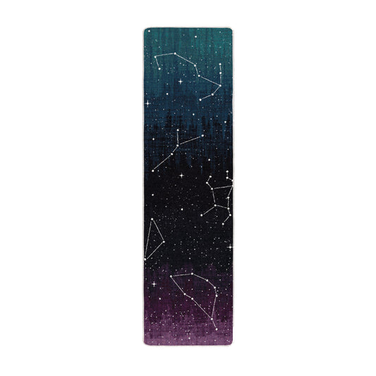 Runner-style game room rug with constellation map over a blue-to-violet twilight gradient—perfect for narrow spaces and stargazing setups.