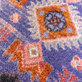 Load image into Gallery viewer, Extreme close-up of the Twilight Caravan rug yarn, highlighting the detailed weave and rich colors in indigo, violet, and rust