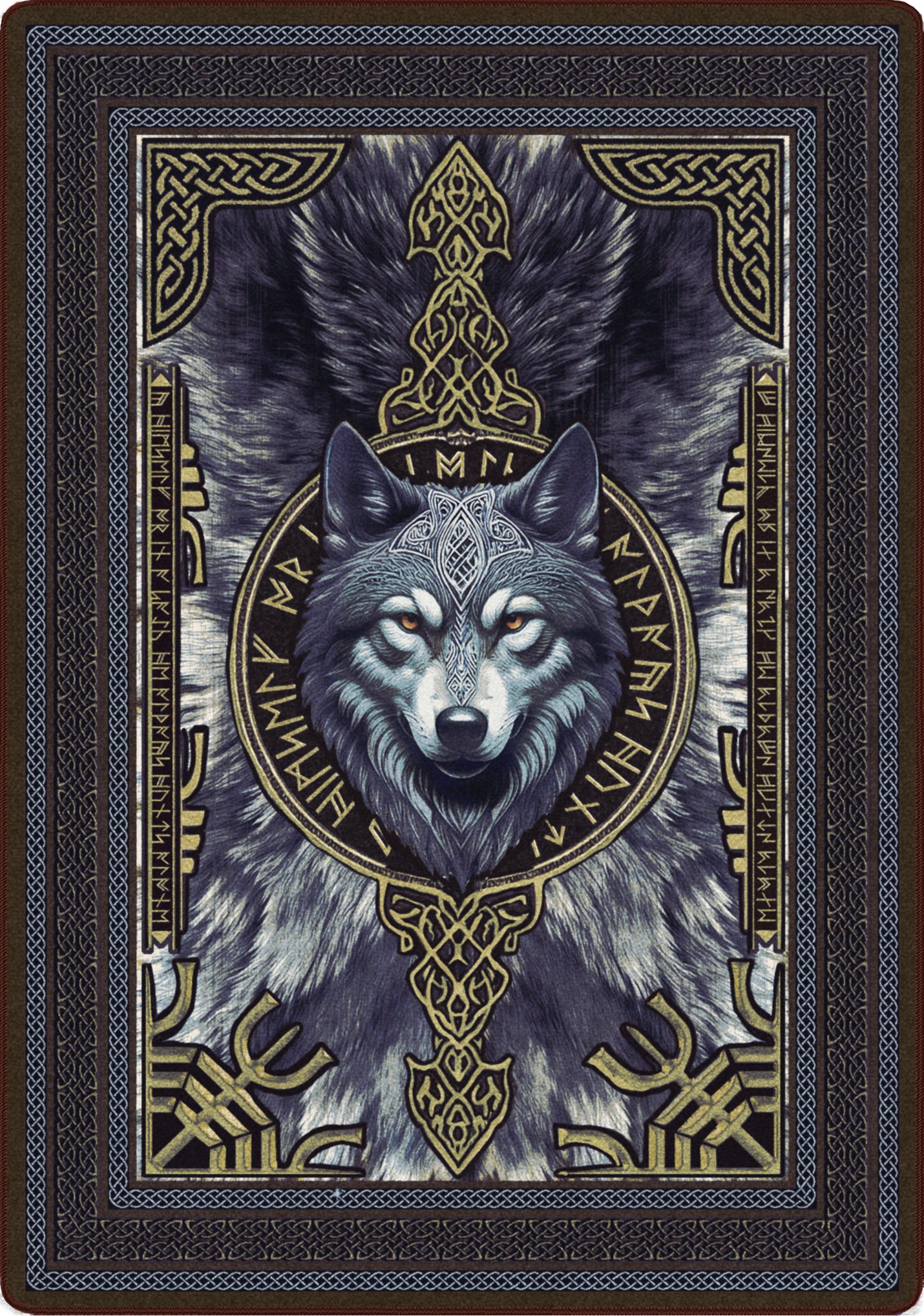 nordic and celtic inspired wolf rug with animal hide, symbols and runes and knotwork