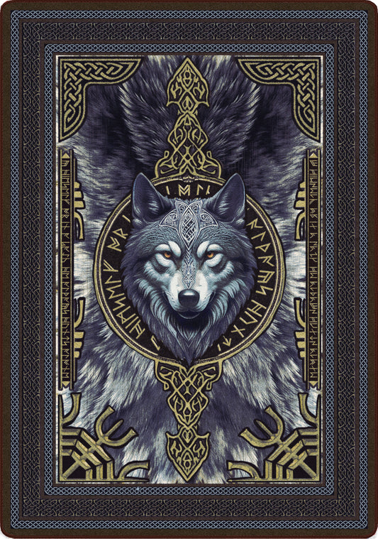 nordic and celtic inspired wolf rug with animal hide, symbols and runes and knotwork