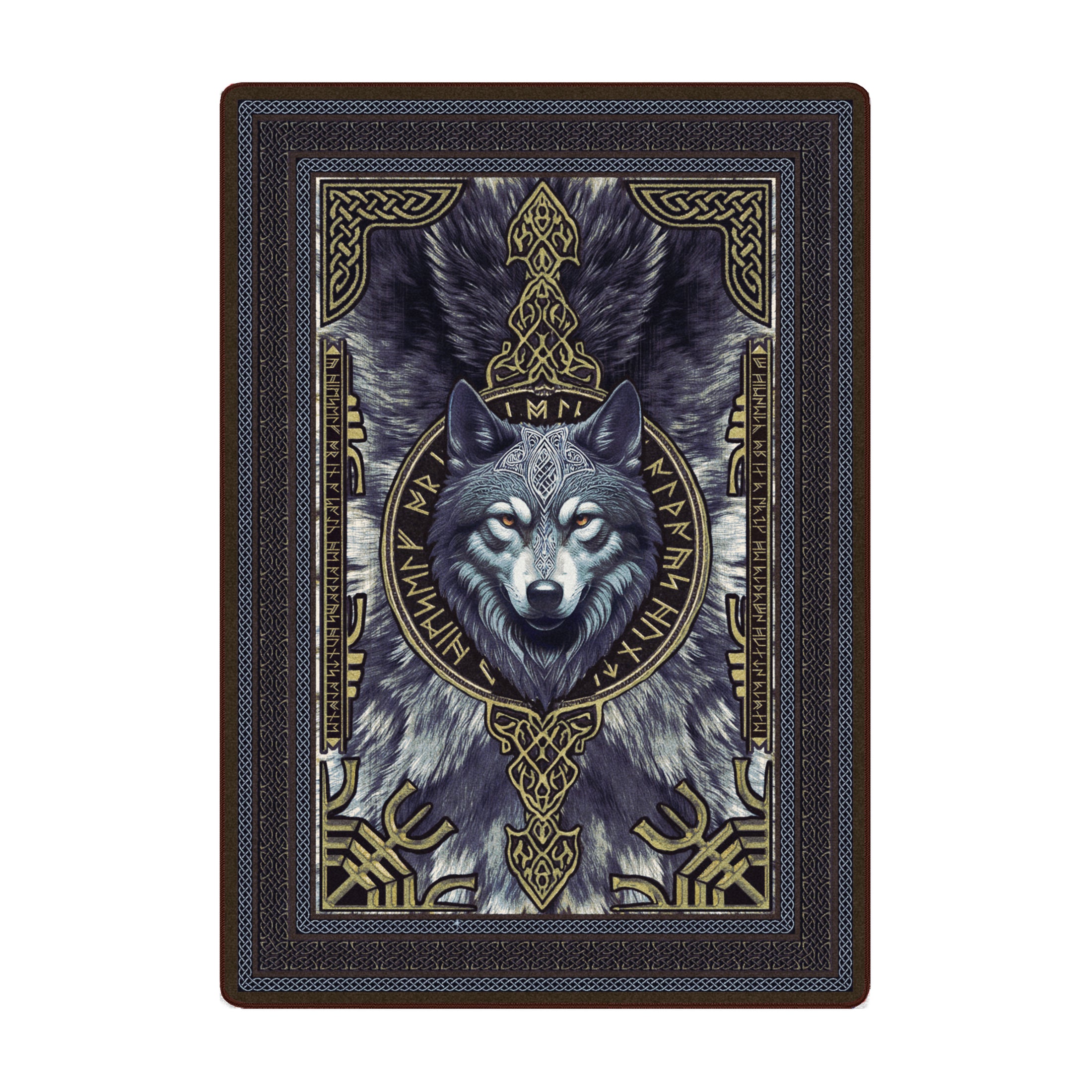 5x8 Ulfr Fur Rug for game room featuring a Norse-inspired wolf head surrounded by gold runes and knotwork on a faux fur-textured background