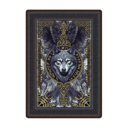 5x8 Ulfr Fur Rug for game room featuring a Norse-inspired wolf head surrounded by gold runes and knotwork on a faux fur-textured background