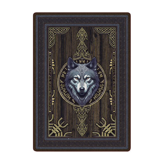 5x8 Ulfr Rug in Wood for game room featuring a Norse wolf head surrounded by gold runes and knotwork, set against a dark woodgrain background