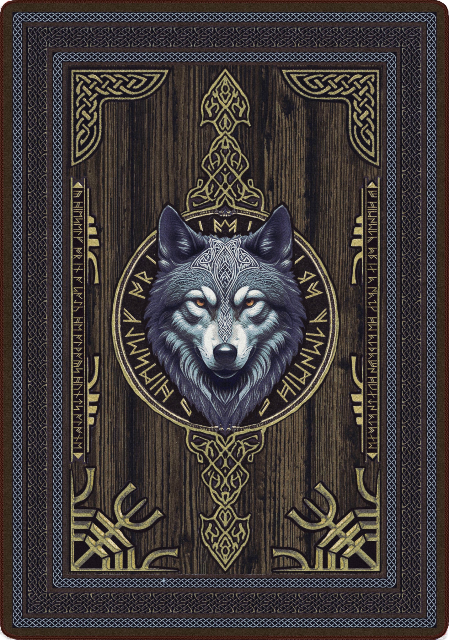 notdic wolf inspired rug with celtic and nordic runes and sybols and wolf head intense for serious game rooms and ttrpg spaces