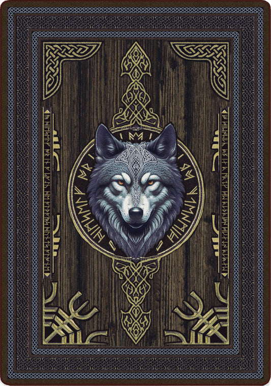 notdic wolf inspired rug with celtic and nordic runes and sybols and wolf head intense for serious game rooms and ttrpg spaces