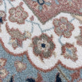 Load image into Gallery viewer, Extreme close-up of The Weaver’s Medallion rug yarn texture, displaying the fine EnduraStran weave in muted sage, parchment, and rose tones
