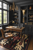 Load image into Gallery viewer, A Western Gothic rug styled in a moody home office—perfect for TTRPG prep, fantasy reading, or a subtle game room upgrade