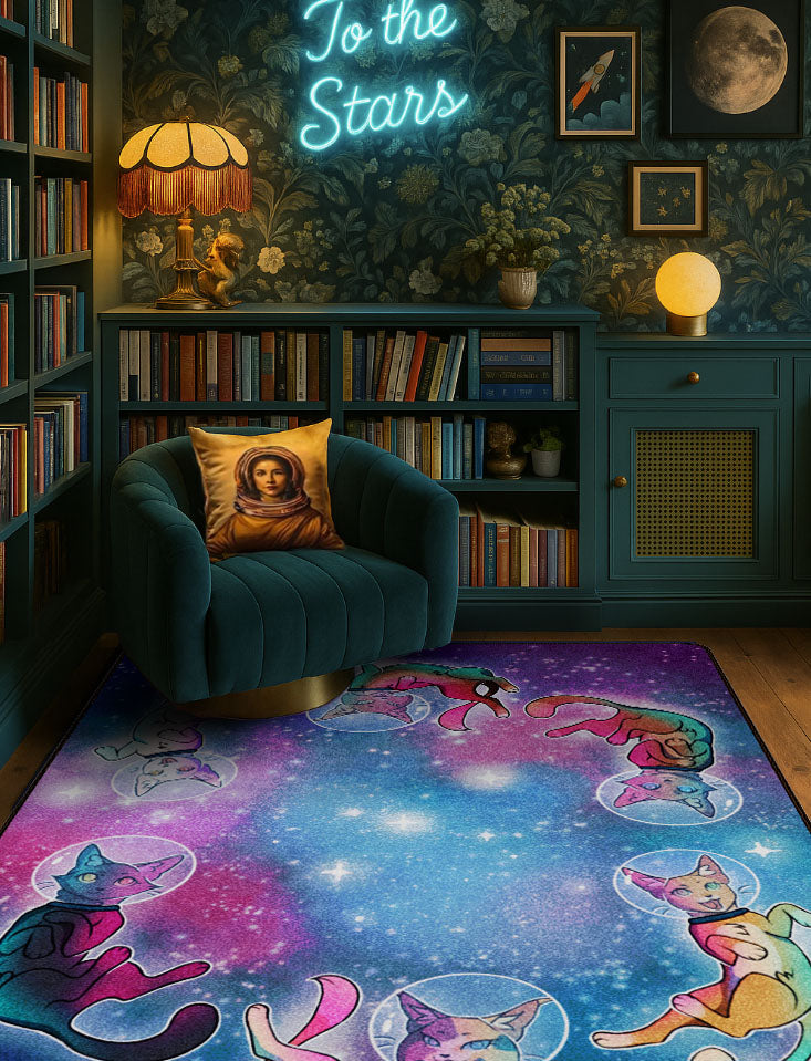 A whimsical reading nook featuring a galaxy-themed rug with colorful space cats—perfect for eclectic decor, cottagecore daydreamers, and low-key game night magic