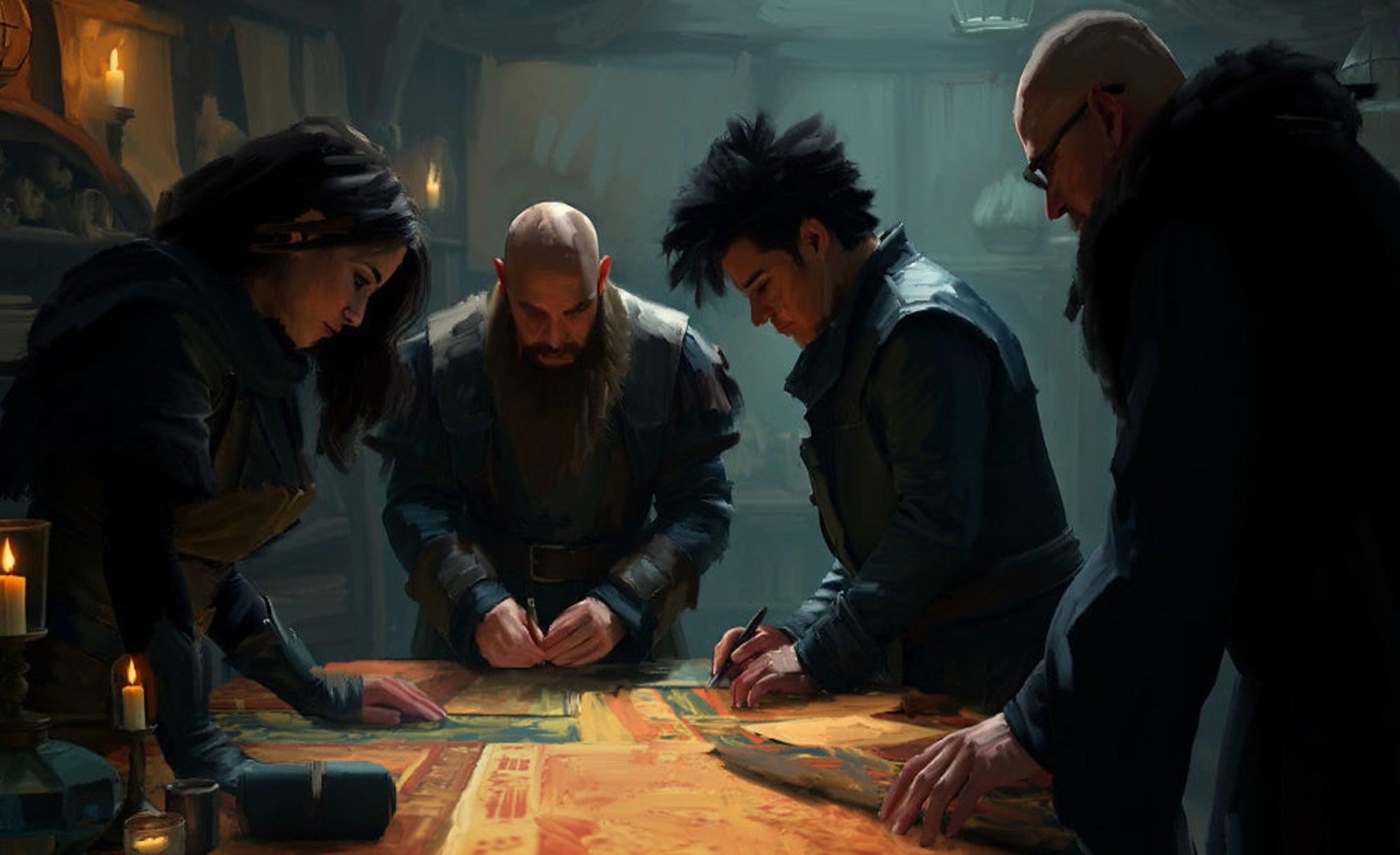 The Area of Effect Team in the DnD characters as a painting reviewing fabric swatches