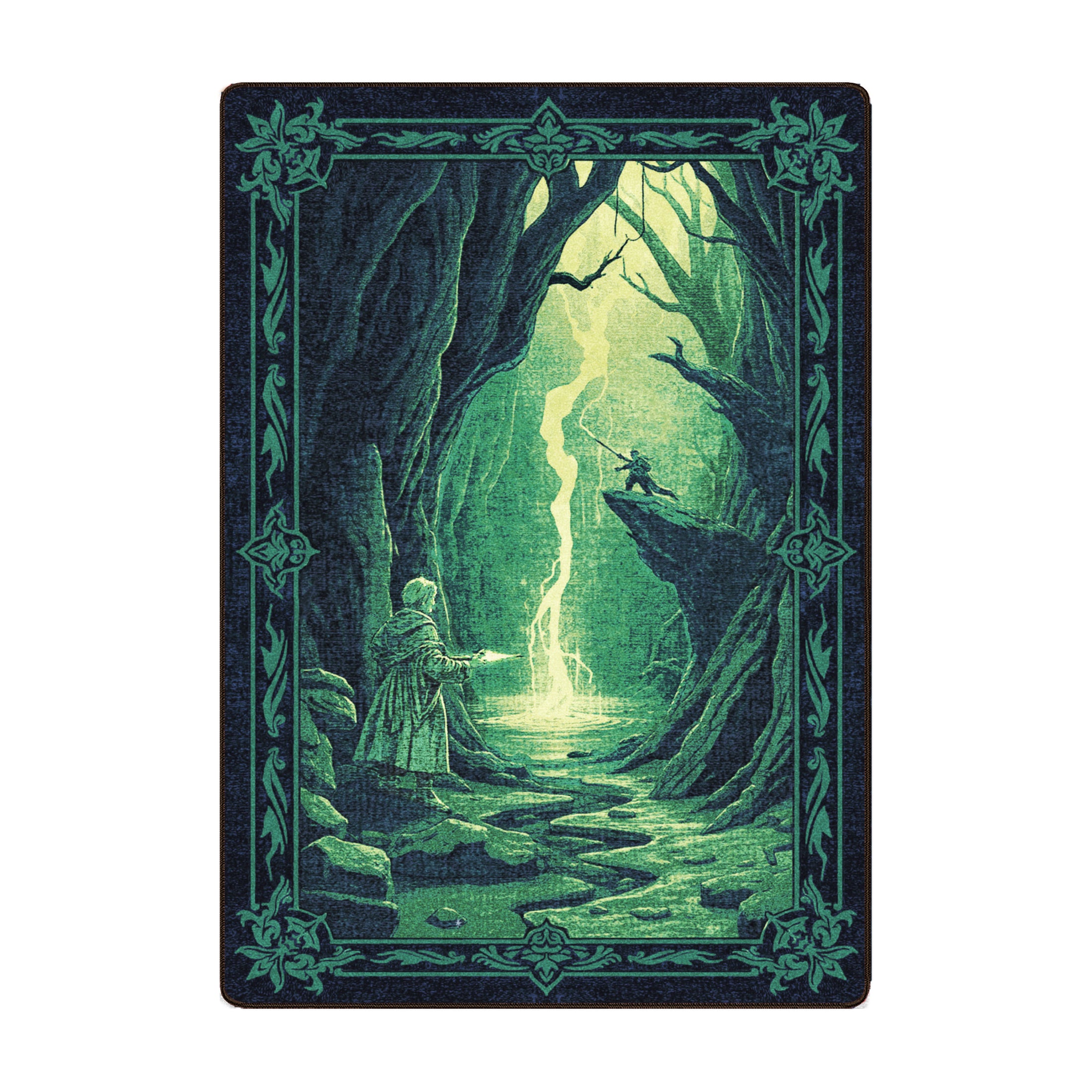The Birth of Gravebolt Rug in 5x8 size, showcasing a dramatic fantasy scene in glowing green tones—lightning striking between a spellcaster and warrior in a shadowed forest chasm.