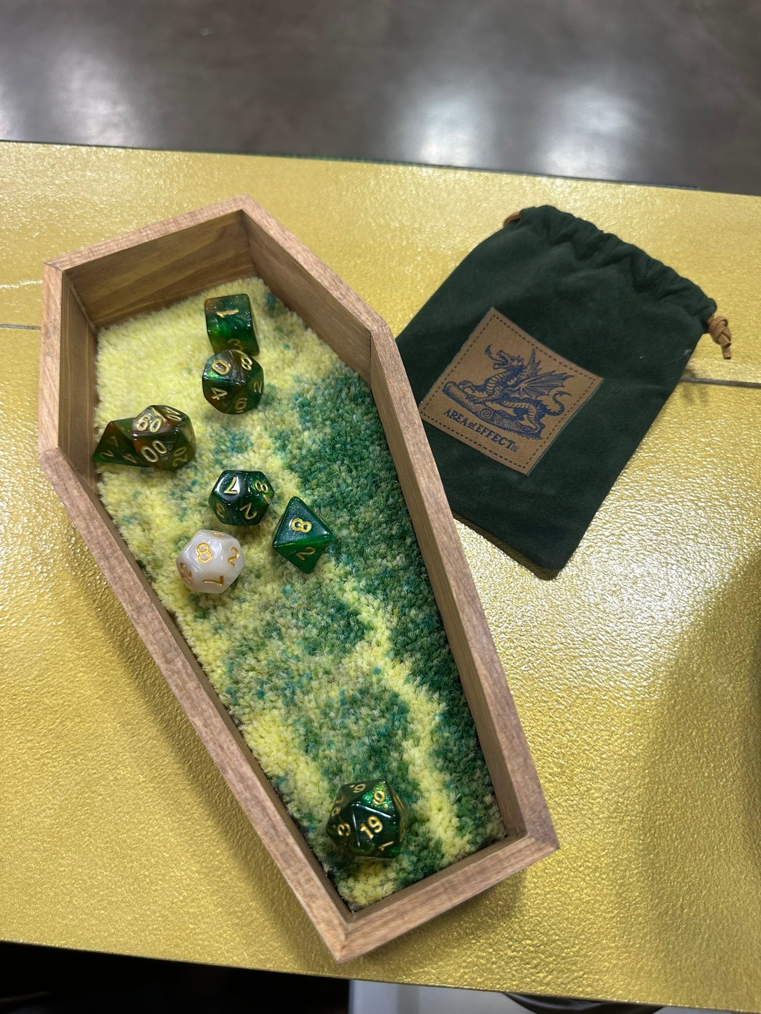 The "Roll With It" Reclaimed Rug Dice Box (Coffin)