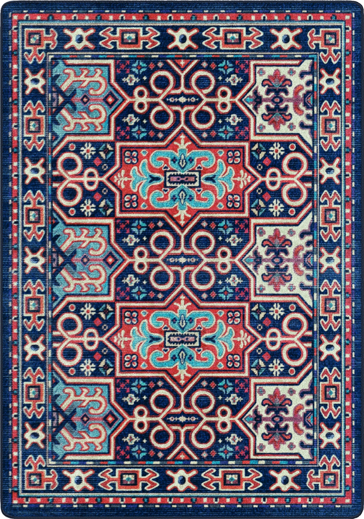 Decorative rug with intricate patterns and colors on a blue background