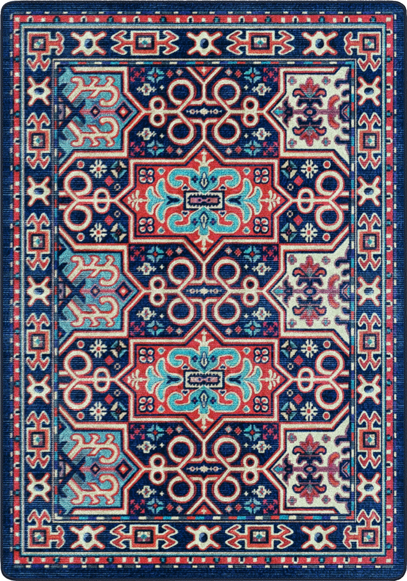 Decorative rug with intricate patterns and colors on a blue background