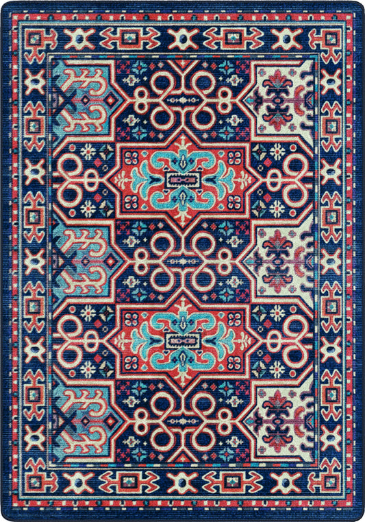 Decorative rug with intricate patterns and colors on a blue background
