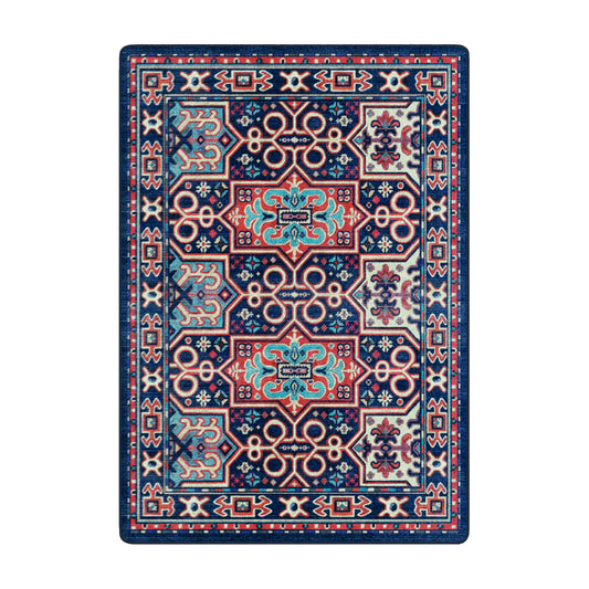The Alchemist Rug in 5x8 size featuring arcane symbols and bold colors of sapphire, ember red, and turquoise