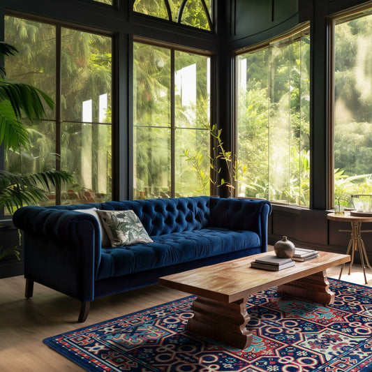 The Alchemist Rug in a modern living room, adding a mystical touch with sapphire and geometric spellwork