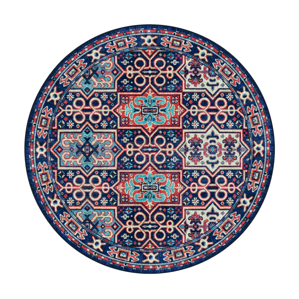 Round 8x8 version of The Alchemist Rug with radial symmetry and mystical pattern flow
