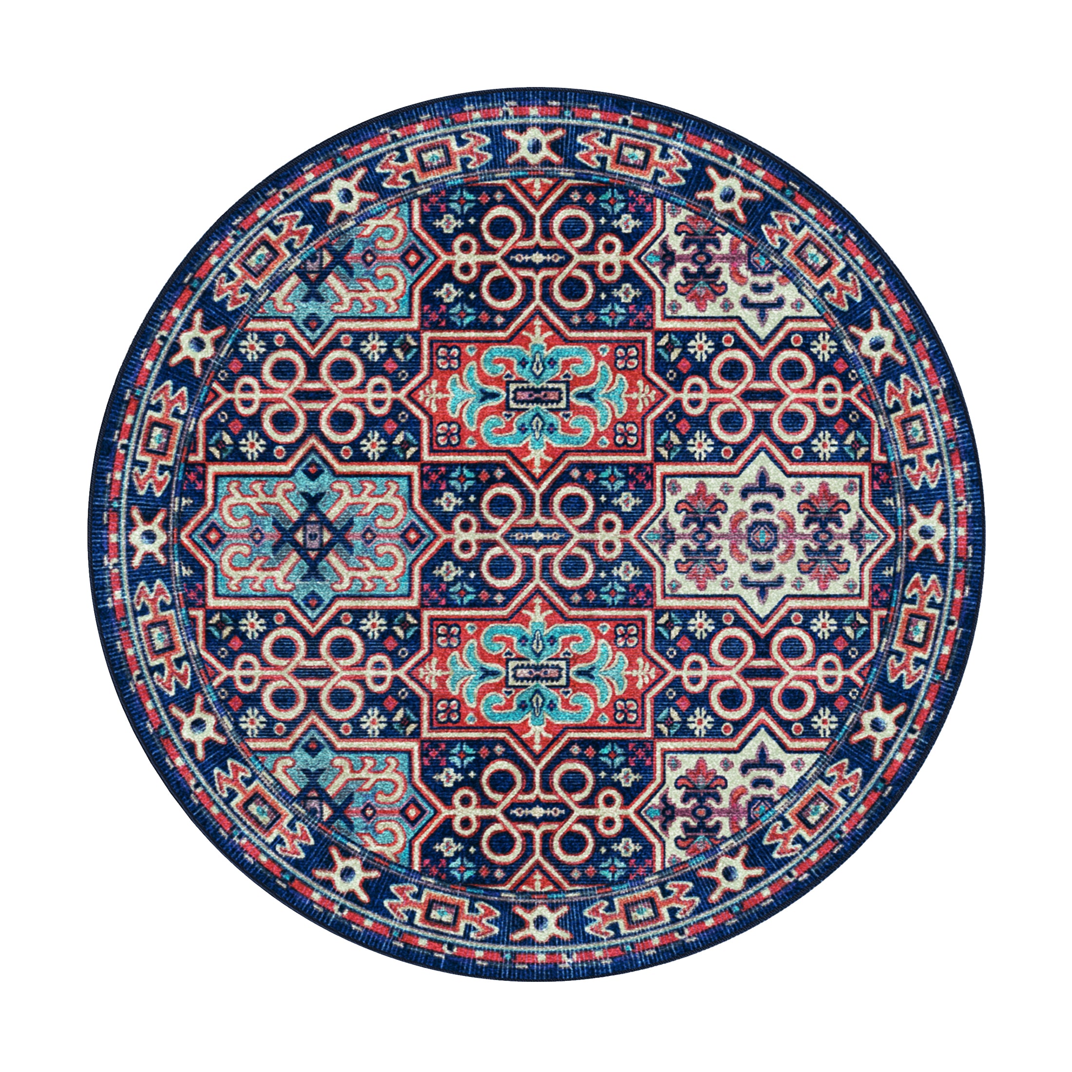 Round 8x8 version of The Alchemist Rug with radial symmetry and mystical pattern flow