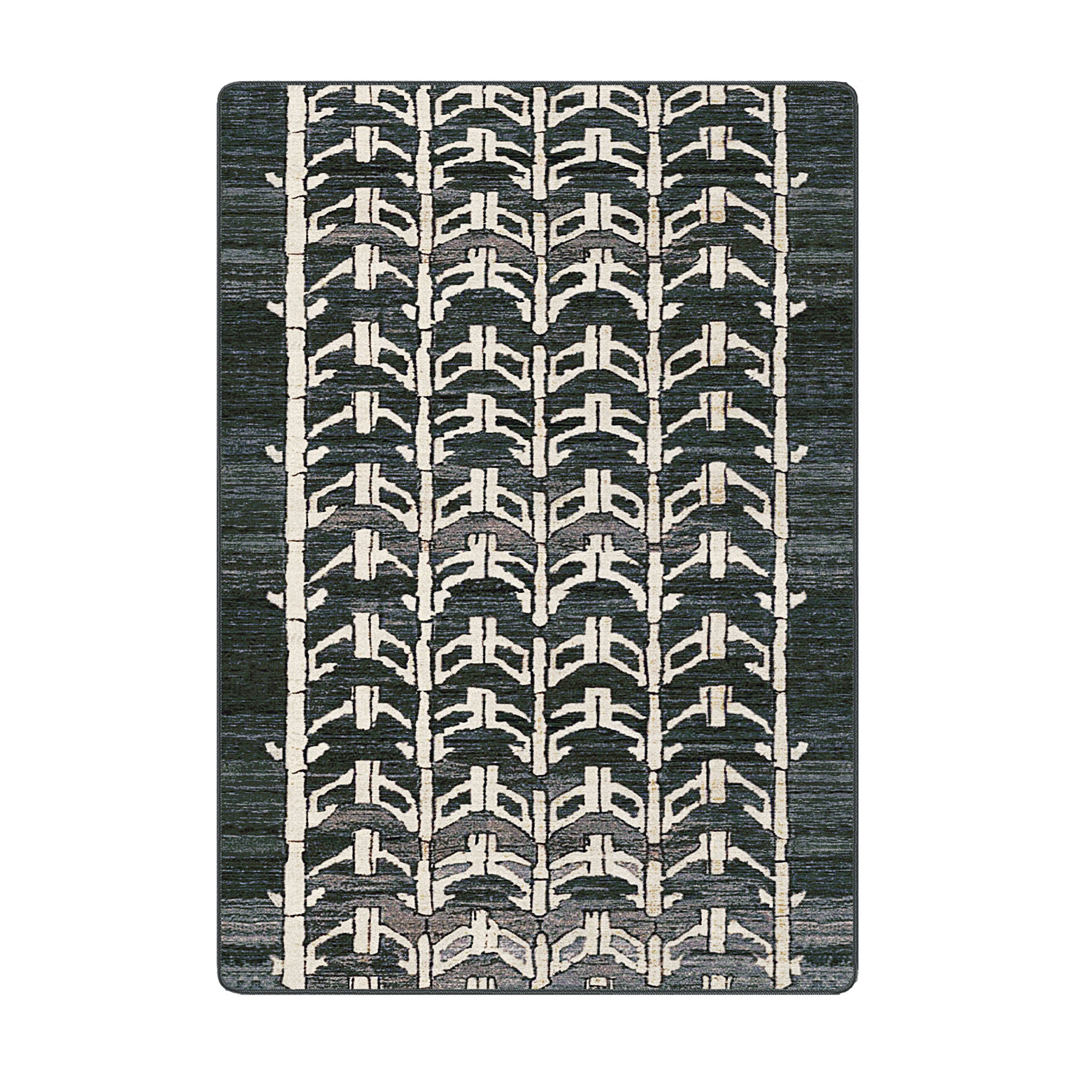5x8 area rug featuring a dark green digital grid pattern with repeating pixel-inspired shapes in cream and gray, inspired by retro arcade aesthetics