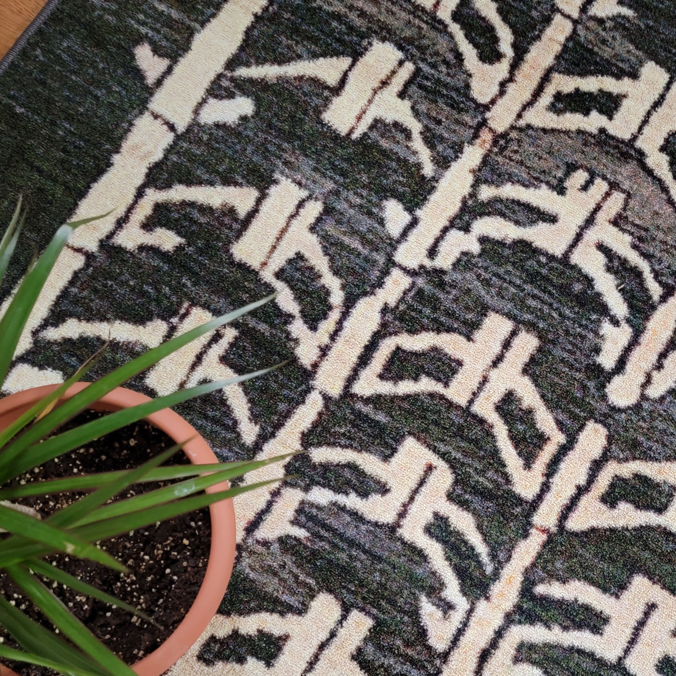 Arcade Hunter rug styled with a plant, showcasing its grey and white arrowhead motifs, ideal for any modern living space.