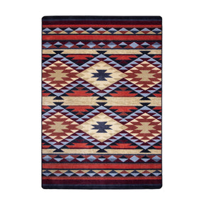 5x8 area rug with a bold tribal diamond and stripe pattern in rust, gold, and navy tones, inspired by forgotten ridgelines and wandering adventurers


