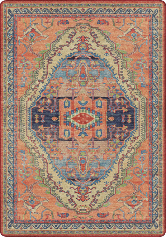 bazaar rug for reading nooks, fantasy spaces and anywhere where extra stain resistance might be needed. shades of pink and blue in a unique, tribal fantasy gaming room design