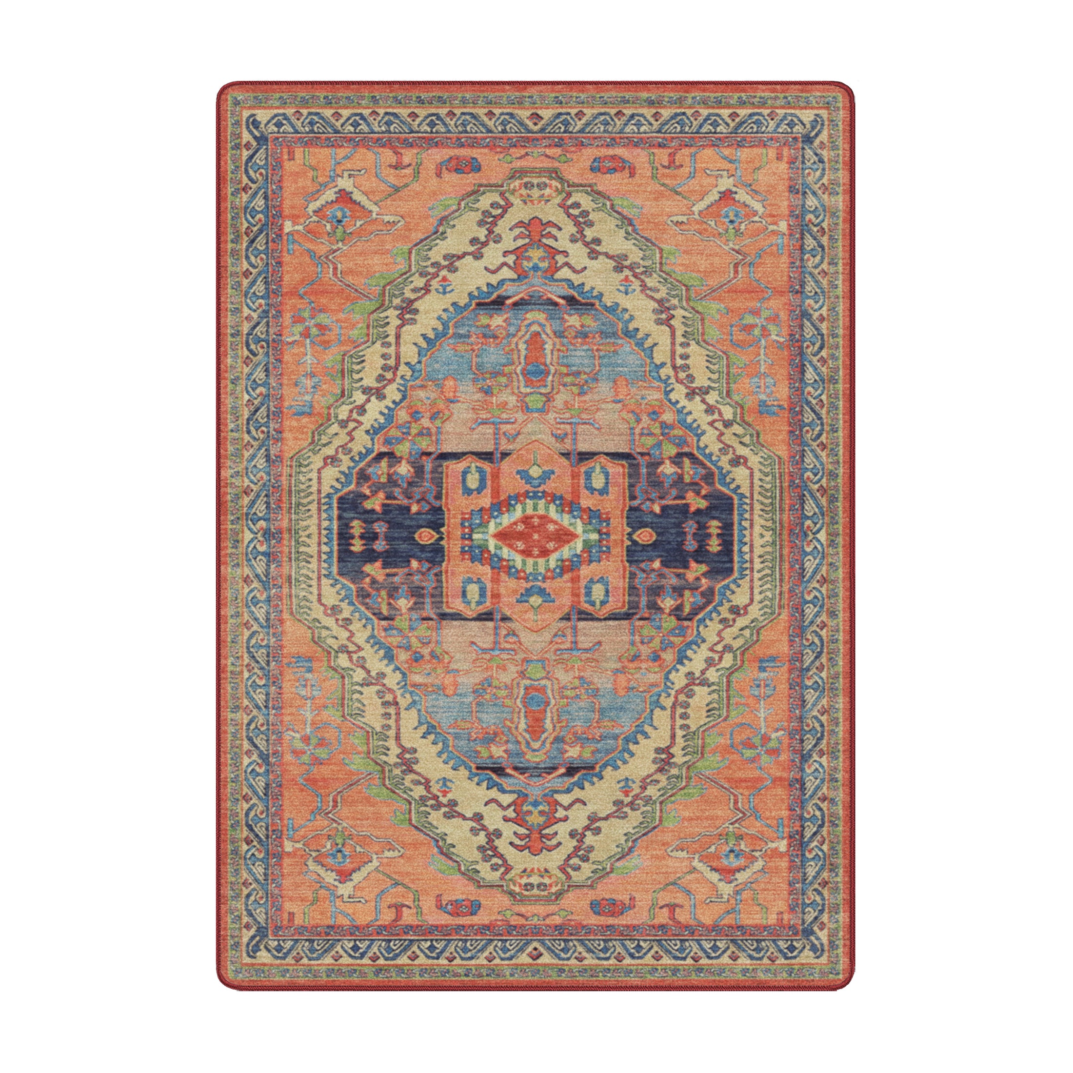 5x8 Bazaar Rug featuring a vintage Persian design with a central medallion in terracotta, sky blue, and navy with a faded, antique finish

