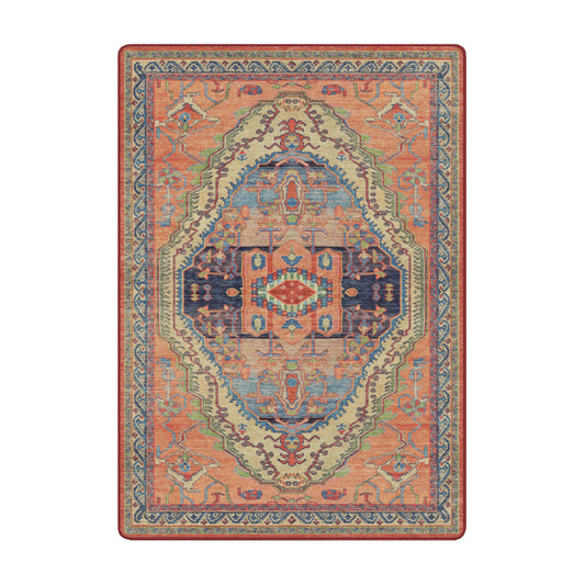5x8 Bazaar Rug featuring a vintage Persian design with a central medallion in terracotta, sky blue, and navy with a faded, antique finish

