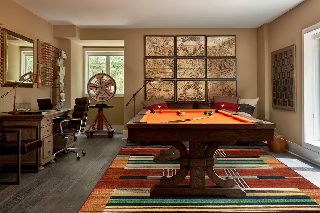 A stylish billiards room featuring sleek designs and bold decor, showcasing rugs from the Billiards Room collection. Elevate your game space with high-performance rugs that combine durability and striking style.