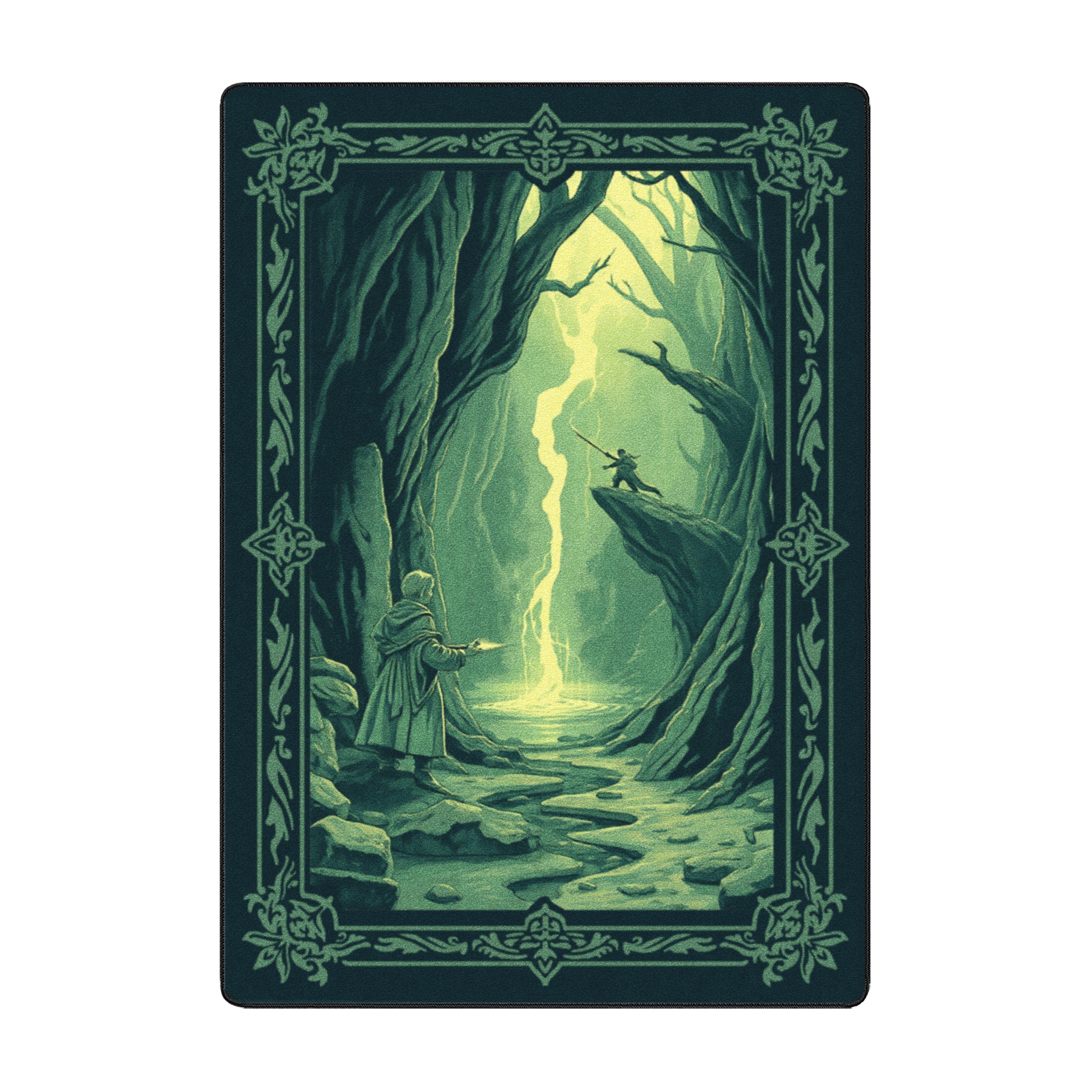 Green fantasy game room rug depicting a wizard and warrior facing off in an enchanted forest with magical lightning between them
