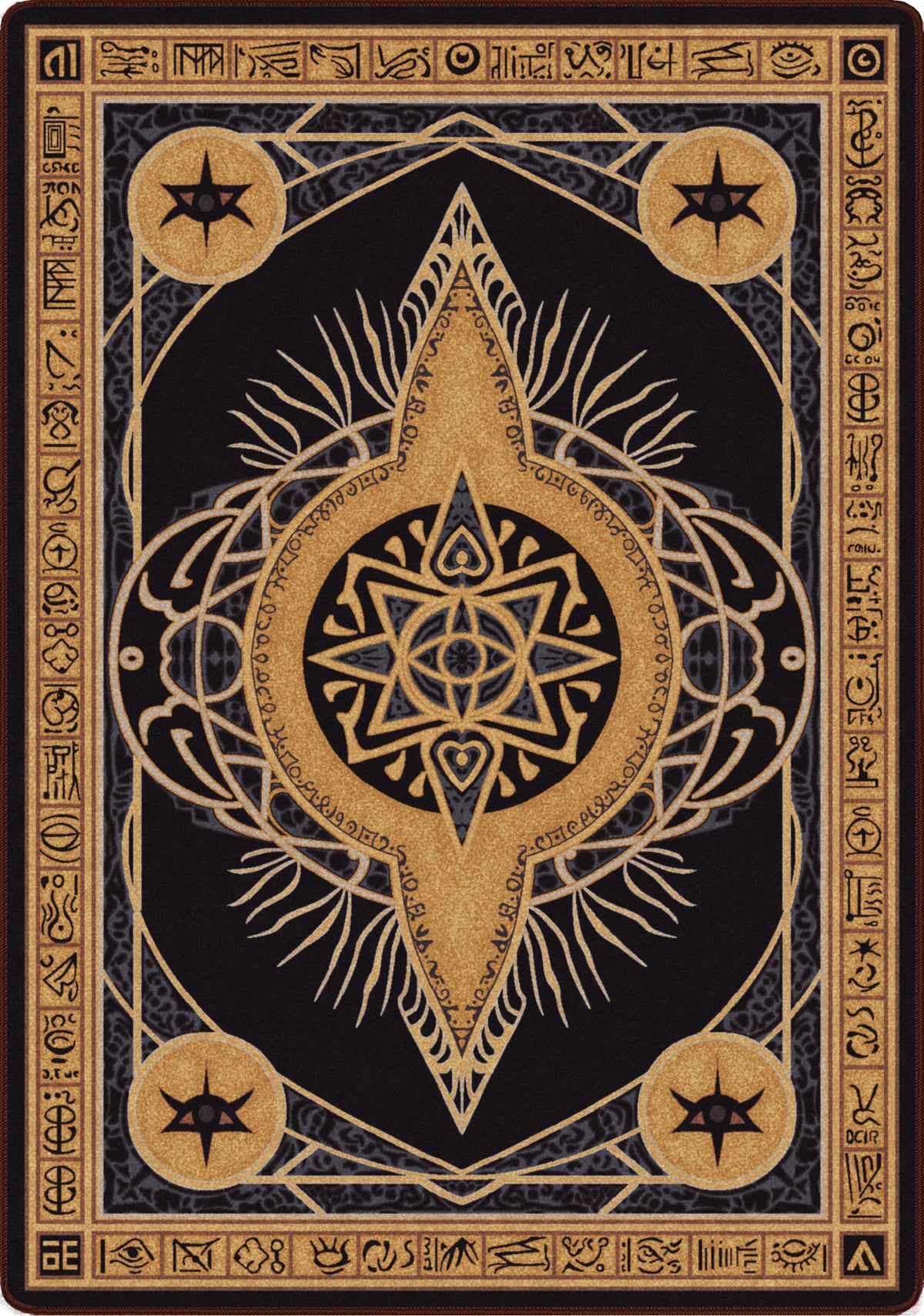 black sigil rug inspired by lovecraft runes portals glyps madness