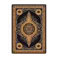 Load image into Gallery viewer, The Black Sigil Rug in 5x8 size, with a gold and black arcane starburst and detailed runic border
