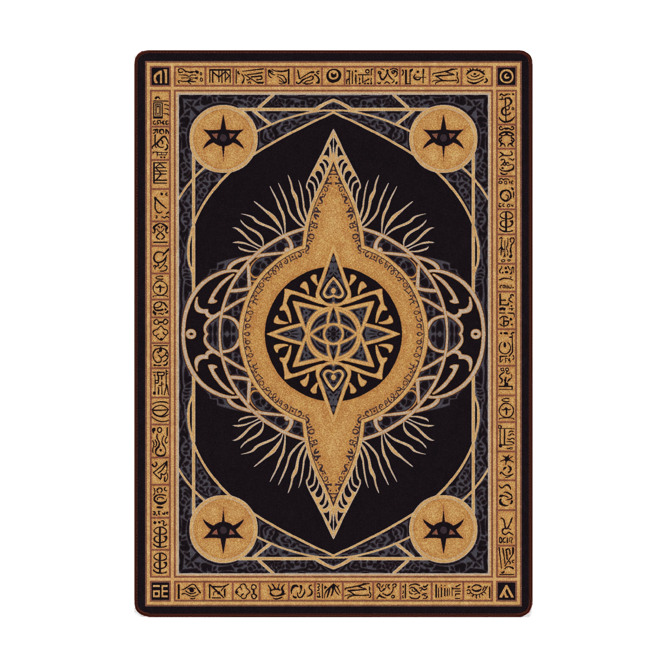 The Black Sigil Rug in 5x8 size, with a gold and black arcane starburst and detailed runic border