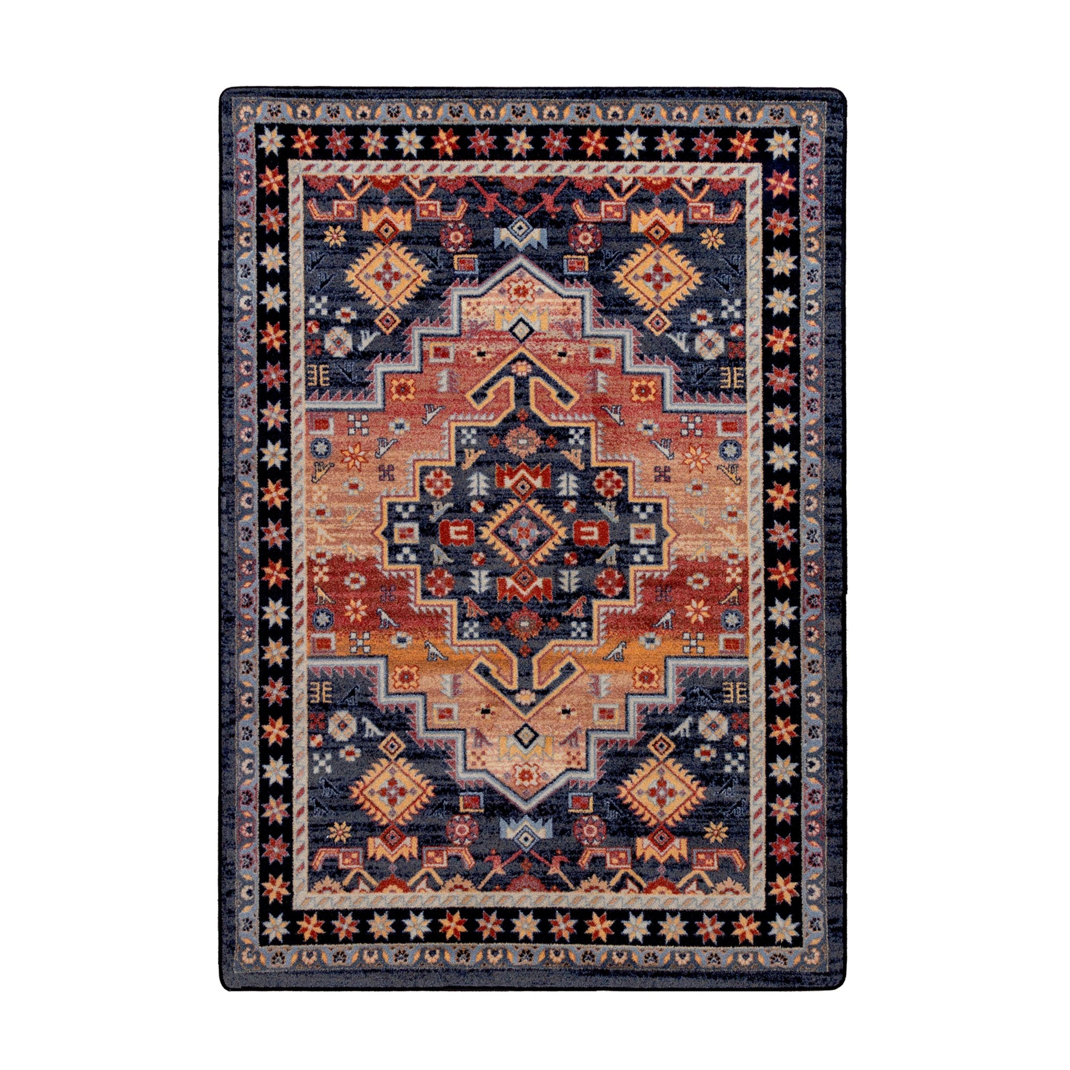 5x8 area rug featuring a split medallion and geometric border in crimson, navy, and gold, inspired by fallen banners and reclaimed traditions

