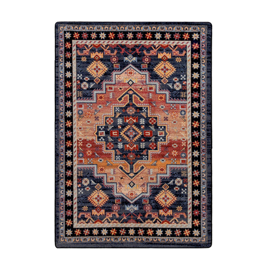 5x8 area rug featuring a split medallion and geometric border in crimson, navy, and gold, inspired by fallen banners and reclaimed traditions


