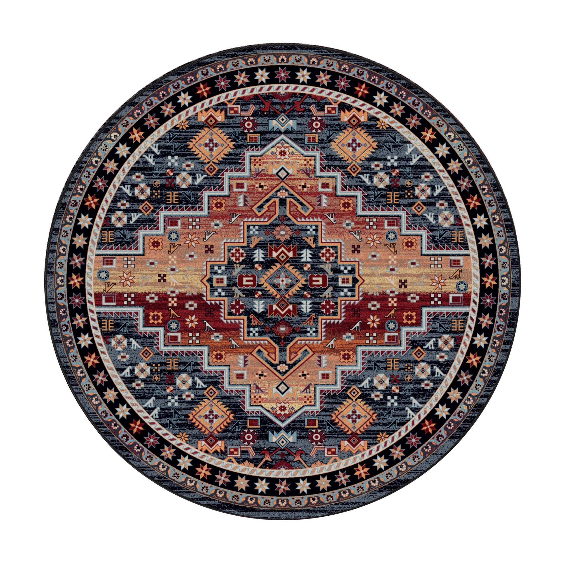 8x8 round version of The Broken Banner rug featuring a symmetrical geometric medallion design in crimson, navy, and gold