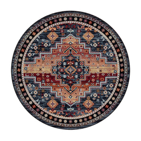8x8 round version of The Broken Banner rug featuring a symmetrical geometric medallion design in crimson, navy, and gold