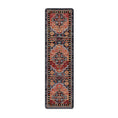 Load image into Gallery viewer, 2x8 runner version of The Broken Banner rug with repeating bold geometric patterns in crimson, navy, and gold, ideal for narrow spaces
