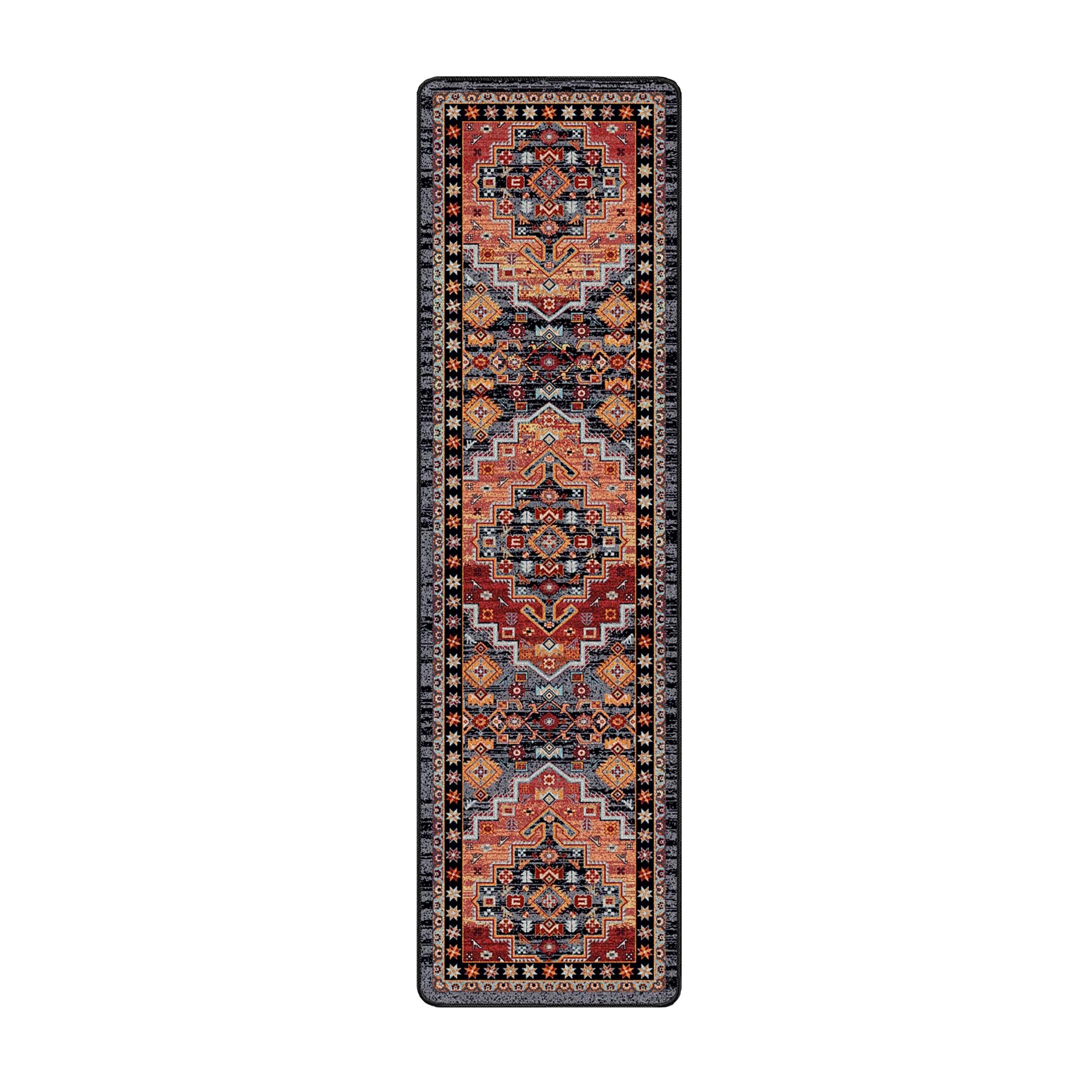2x8 runner version of The Broken Banner rug with repeating bold geometric patterns in crimson, navy, and gold, ideal for narrow spaces