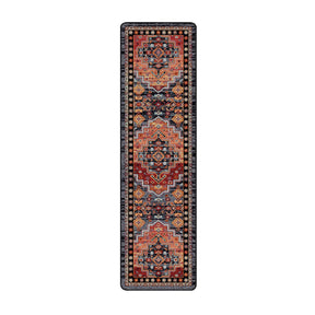 2x8 runner version of The Broken Banner rug with repeating bold geometric patterns in crimson, navy, and gold, ideal for narrow spaces