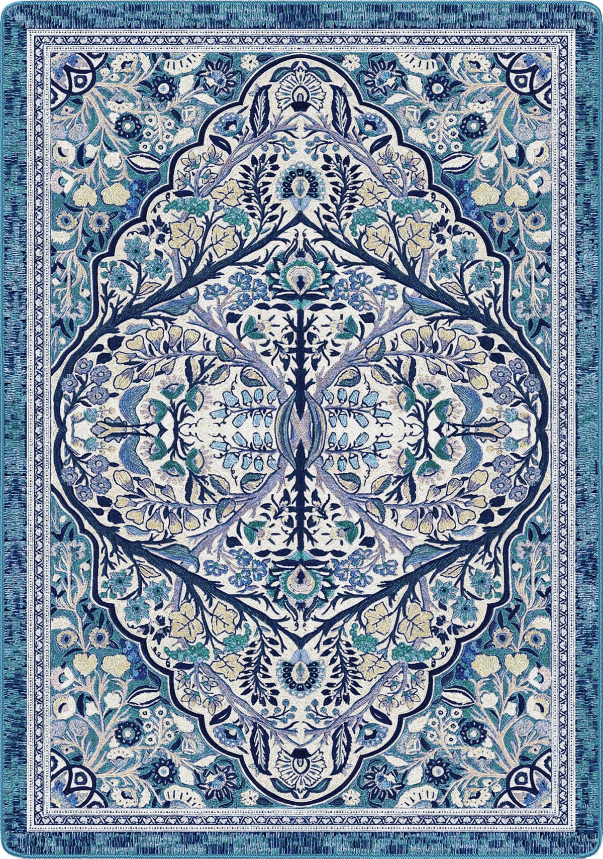 Decorative blue and white patterned rug with intricate design inspired by druids and sky enhanted faoe circles a gorgeous mix for any book nook she-shed or booktok lovers bedroom
