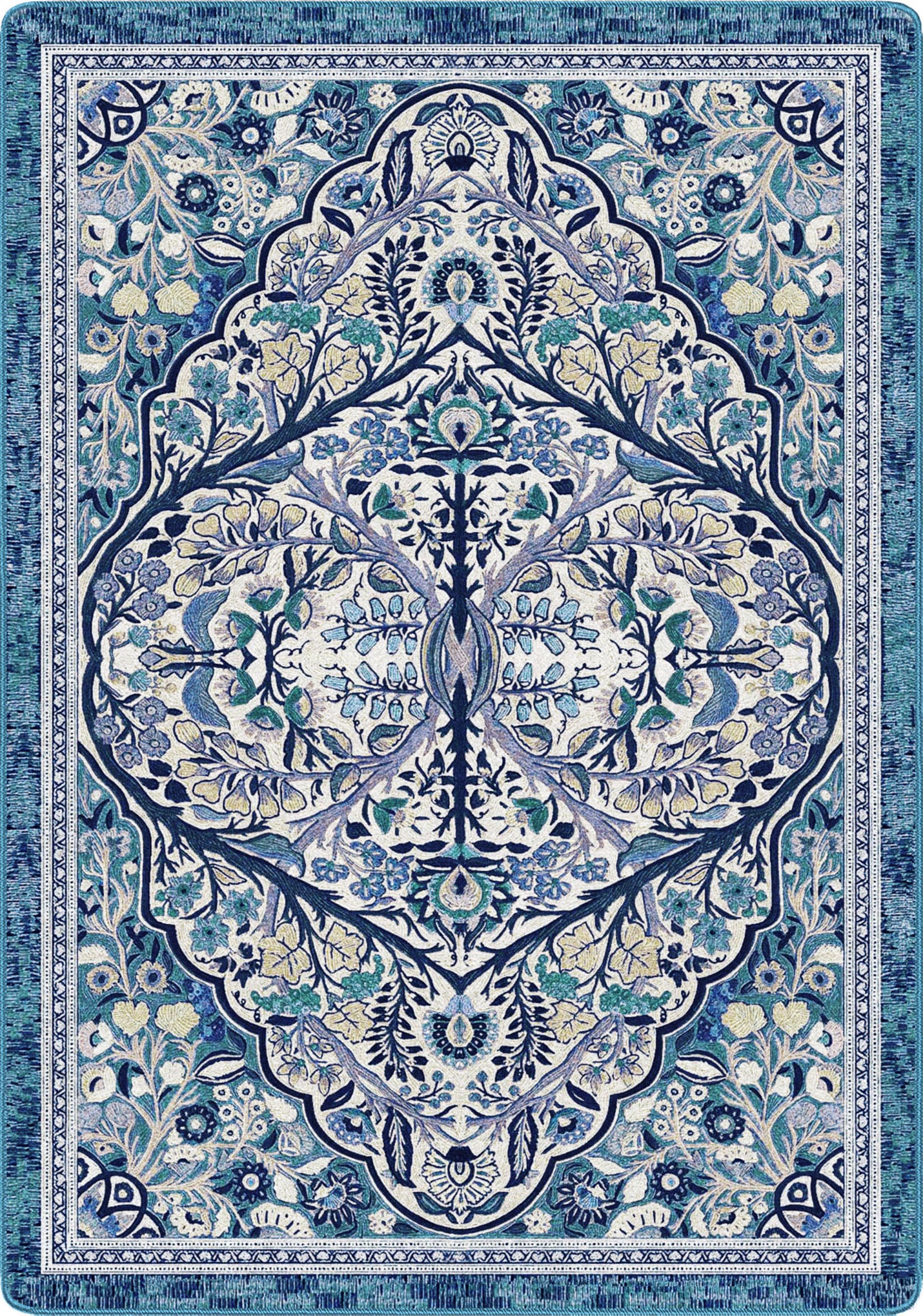 Decorative blue and white patterned rug with intricate design inspired by druids and sky enhanted faoe circles a gorgeous mix for any book nook she-shed or booktok lovers bedroom