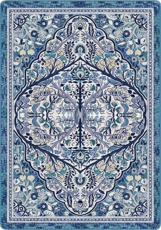 Decorative blue and white patterned rug with intricate design inspired by druids and sky enhanted faoe circles a gorgeous mix for any book nook she-shed or booktok lovers bedroom