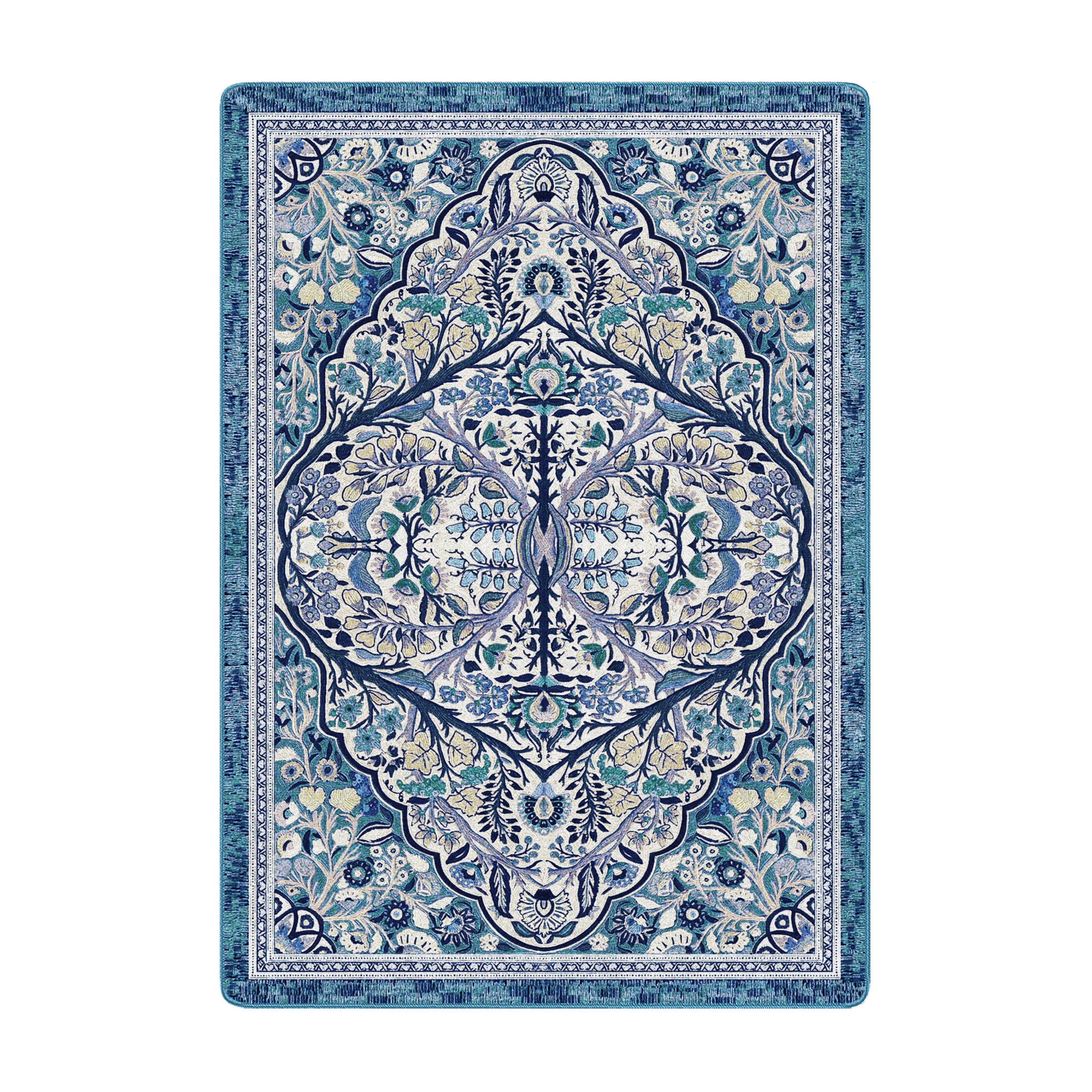 5x8 area rug featuring a symmetrical botanical design with sky blue, green, and cream floral elements in an intricate, nature-inspired pattern