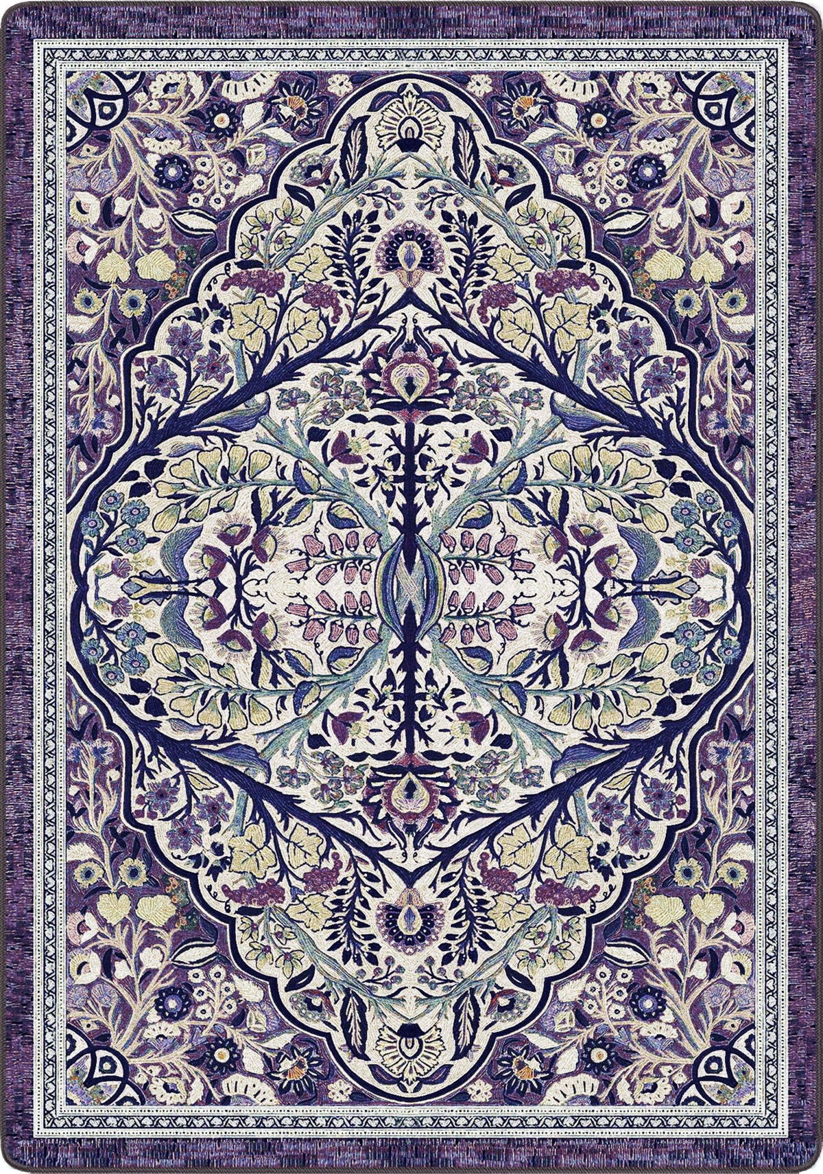 Decorative rug with intricate floral and geometric pattern in purple and green tones.the most enchanted of the enchanted rugs, ethereal purples and icy blues hint of pink in this fae and druid wonderland, a dream for any fantasty romantasy booktook lover and their reading nook