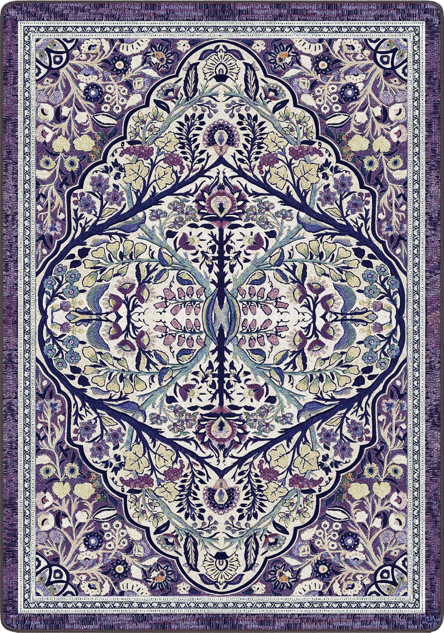 Decorative rug with intricate floral and geometric pattern in purple and green tones.the most enchanted of the enchanted rugs, ethereal purples and icy blues hint of pink in this fae and druid wonderland, a dream for any fantasty romantasy booktook lover and their reading nook