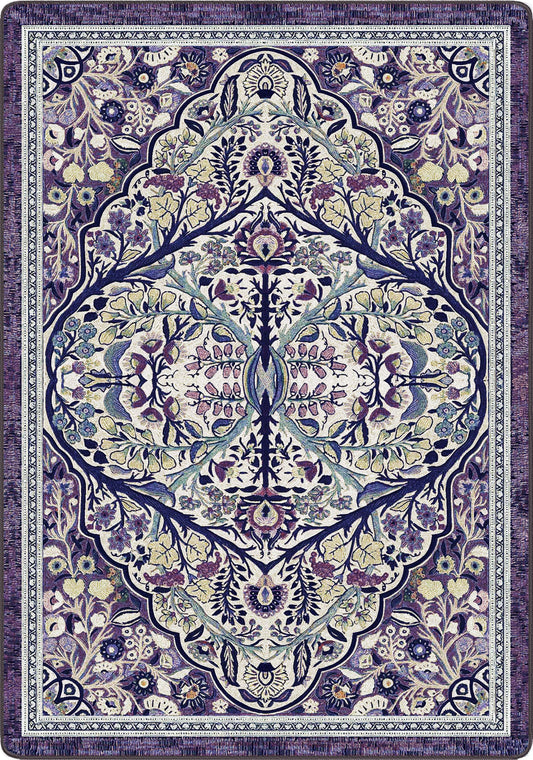 Decorative rug with intricate floral and geometric pattern in purple and green tones.the most enchanted of the enchanted rugs, ethereal purples and icy blues hint of pink in this fae and druid wonderland, a dream for any fantasty romantasy booktook lover and their reading nook